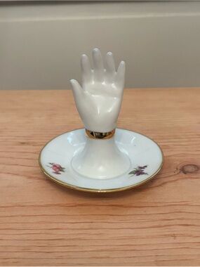 Porcelain Hand Ring Holder Jewelry Dish - White with Gold Trim